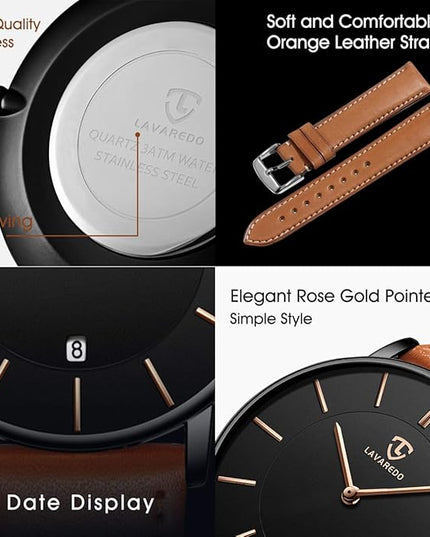 L LAVAREDO Watch for Men, Extremely Thin Mens Watches Minimalist Analog Men's Leather Wrist Watches with Time/Date, Birthday Gift for Men Boyfriend