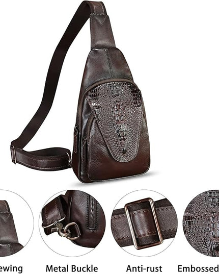 Genuine Leather Sling Bag Embossed Crocodile Pattern Leather Crossbody Sling Backpack Handmade Chest Purse Daypack (Coffee)