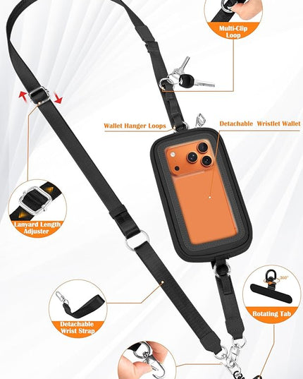 takyu Clip and Go Strap for Phone with Wallet Crossbody, 4-in-1 Adjustable Phone Lanyard with Detachable Wallet Wristlet Strap, Convertible Crossbody Bags with ID Window for Women Travel, Black