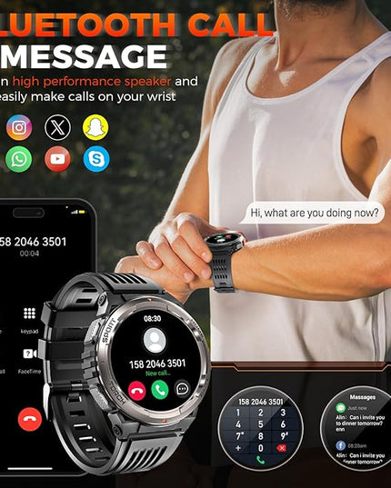 KE5 Military Smart Watch for Men with Flashlight SOS 3ATM Waterproof Watch 530mAh Big Battery 1.45" Rugged Tactical Smartwatch with Compass Elevation Barometer Fitness Watch for iPhone (Brown+OLight)