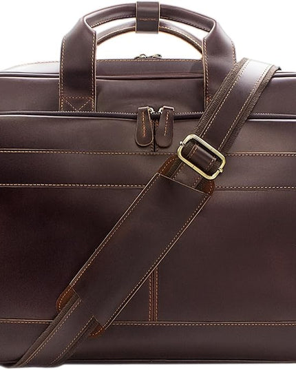 Jack&Chris Full Grain Leather Briefcase for Men, Business Messenger Bag Laptop Bag Attache Case, Fits 15.6 Inch Laptop