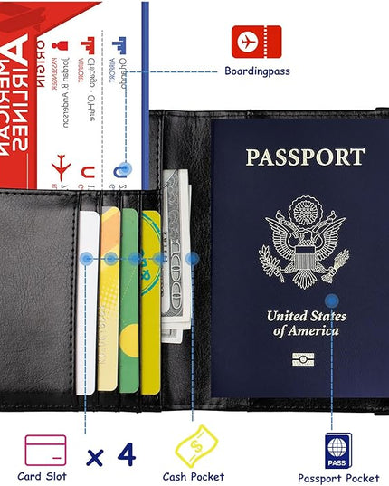TOURSUIT RFID Blocking Passport Holder for Women Men, Leather Passport Travel Wallet with Metal 3D Metal Badge, Travel Document Holder Cover Accessories (Black)