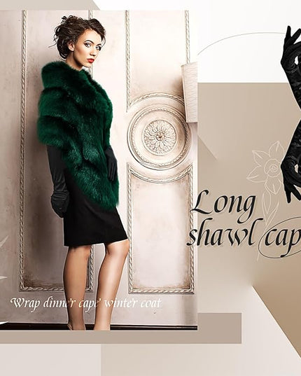 Zhanmai 2 Pcs Winter Long Shawl Cloak Stretchy Glove Opera Bridal Dance Gloves for Women Dress Party Coat
