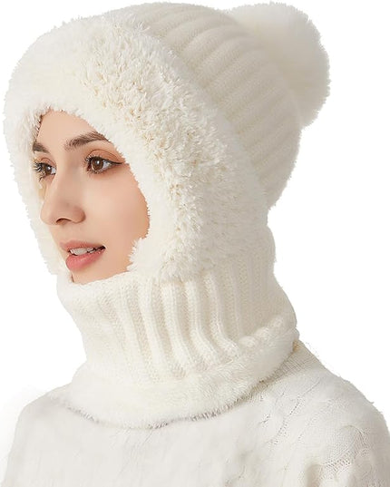 HUAMULAN Women Winter Beanie Hats One Piece Fleece Lined Knit Balaclavas Mask Set Skull Neck Circle Scarf Ski Snow Hat Pompom