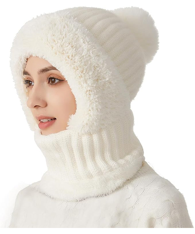 HUAMULAN Women Winter Beanie Hats One Piece Fleece Lined Knit Balaclavas Mask Set Skull Neck Circle Scarf Ski Snow Hat Pompom