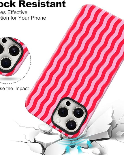Magnetic for iPhone 16 Case Cute Wavy Stripes Phone Case, Shockproof Slim TPU and Hard PC Protective Phone Cover Compatible with MagSafe Designed for Women Girls, Red