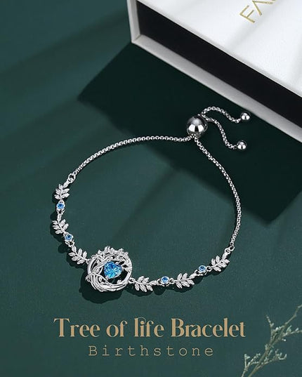 FANCIME Tree of life Birthstone Bracelet for Women Sterling Silver Tree Jewelry Birthstone Charm Bracelet Gemstone Anniversary Birthday Christmas Gifts for Wife Mom Her