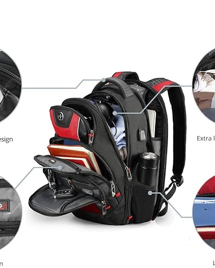 Swissdigital Design Men's Laptop Backpack for College and Business Travel with Integrated USB Charging Port and RFID Protection Fits 15.6" Laptops Black/Red | J14-41