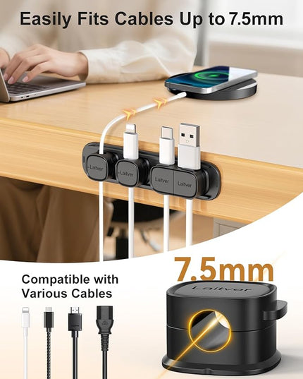 6 Pack Magnetic Cable Clips [1s Open/Lock], Laitver Cord Organizer Holder Strong Adhesive Desk Cable Management- Organize Charging Cords Neatly for Home, Office, Car,Desk, Nightstand-Black