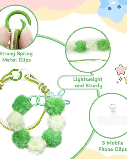 2 Pcs Phone Charm Wrist Strap with Tether Tab, Double Anti Lost Fluff Ball Beaded Wrist Lanyard, Detachable Leather Phone Charms for Bag, Key Chains, Camera Decor