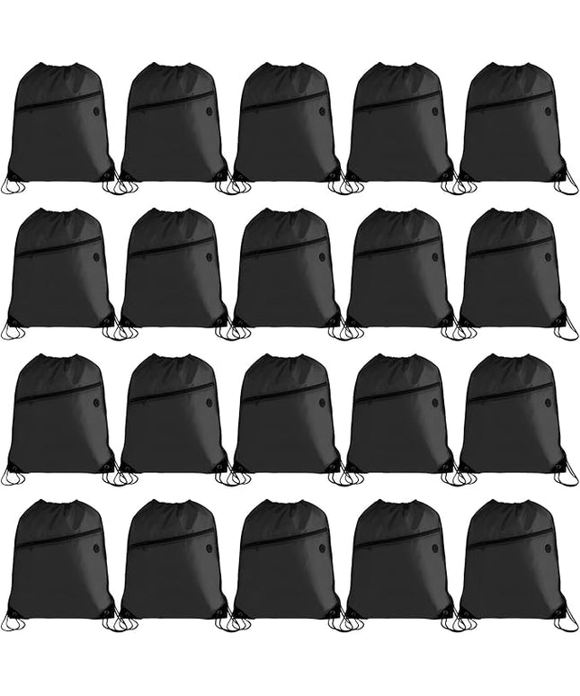 20PCS Drawstring Bag Sports Gym String Backpack Bulk Cinch Bag Sackpack with 2 layer Zip pocket for Yoga Gym Traveling (20, black)