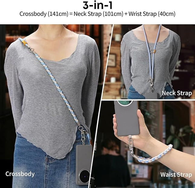 Besnfoto Phone Lanyard Crossbody Phone Strap 3-IN-1 Neck and Wrist strap for Cell Phone 360°Universal Metal Buckles and Tabs