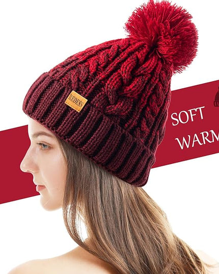 REDESS Women Winter Pompom Beanie Hat with Warm Fleece Lined, Thick Slouchy Snow Knit Skull Ski Cap