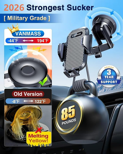 [2026 True Military-Grade] Car Phone Holder VANMASS [Upgraded Strongest Suction & Clip] Cell Phone Mount for Dashboard Windshield Vent Wall,Truck Cradle Stand for iPhone 17 Pro Max 16 15 14 13 Android