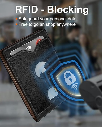 miyozi Airtag Wallet for Men,with Cash Pocket 2 ID Window 13 Cards,Slim Leather Wallet Front Pocket Card Holder RFID Blocking with Gift Box