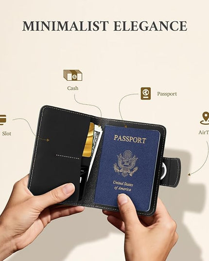ALLIVE Passport Holder for Travel, Genuine Leather Passport Holder with AirTag Hidden Pocket, Rfid Blocking Passport Cover Travel Wallet for Women Men, Airport Essentials Gift (Black)