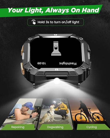 Smart Watches for Men, 1.95'' Mens Military Smart Watch for Android & iPhone, Waterproof Fitness Tracker Watch with Flashlight/100 Days Battery Life/Call/Heart Rate Sleep Monitor/100+ Sport Modes