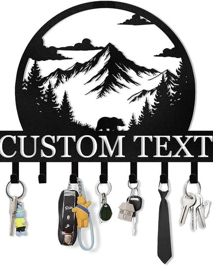 KAINSY Personalized Key Holder for Wall, Custom Name Metal Forest Bear Key Hooks, Coat Hook Key Holder Wall Mount, Key Rack Hanger Organizer for Kitchen, Entryway, Hallway, Door, Home Decor Gifts