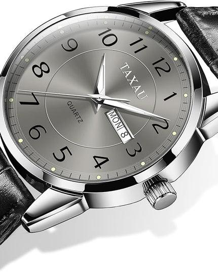 Mens Leather Watch Large Face Classic Quartz Mens Analog Watches Luxury Dress Watches for Men Waterproof Men's Wrist Watch Easy Read with Date Number Dial Relojes para Hombre