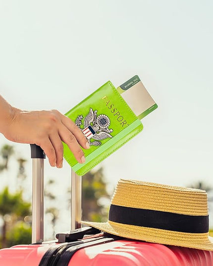TOURSUIT RFID Blocking Passport Holder for Women Men, Leather Passport Travel Wallet with Metal 3D Metal Badge, Travel Document Holder Cover Accessories (Green)