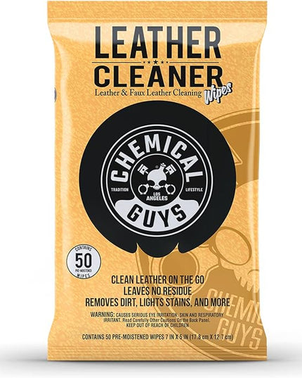Chemical Guys Leather Cleaner Wipes Mega 50 Pack - Interior Leather Wipes for Cars, Natural, Synthetic, Faux & Pleather Surfaces, Safe for Cars, Trucks, Furniture, Boots & More, Convenient 50 Count