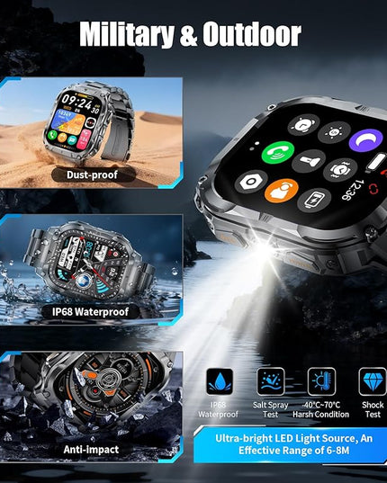 Military Smart Watch for Men(3 Bands),1000mAh/2 HD Large Screen Smartwatch, Flashlight/110+ Sports Modes, Fitness Tracker Watch for Android iOS,Light Black