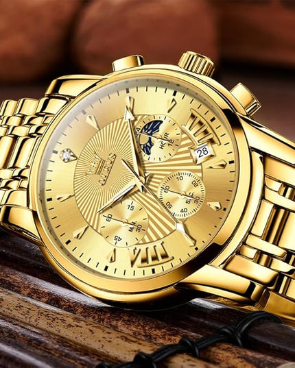OLEVS Men's Luxury Watch Waterproof Luminous Easy Read Chronograph Watches Full Gold/White Dail/Black Face with Calendar Wristwatch