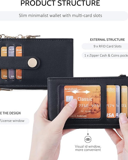 POIUGOYA Slim Wallet for Women,RFID Blocking Bifold Credit Card Holder with Zipper Coin Pocket,ID Window,Keychain