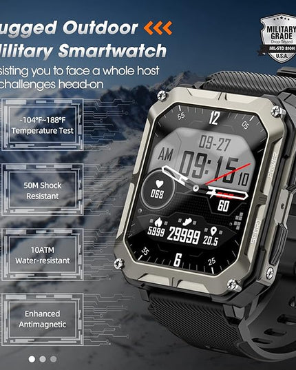 Military Smart Watches for Men (Answer/Make Call), 1.9" Outdoor Sports Fitness Tracker with Heart Rate, Blood Pressure, Sleep Monitor, 100M Waterproof Rugged Smart Watch for Android Phones and iPhone