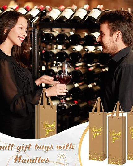 Ctosree 30 Pcs Wine Bottle Gift Bag with Handle 4.3x3.5x13.7 Liquor Paper Bag for Thank You Favor Gold Foil Kraft Whiskey Tote Carrier for Wedding Birthday Bridal Valentine's day Party(Brown)