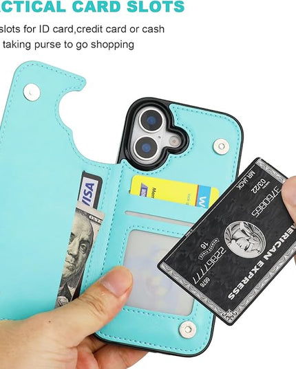 ONETOP Compatible with iPhone 17 Wallet Case with Card Holder, PU Leather Kickstand Card Slots Case, Double Magnetic Clasp and Durable Shockproof Cover 6.1 Inch (Light Blue)