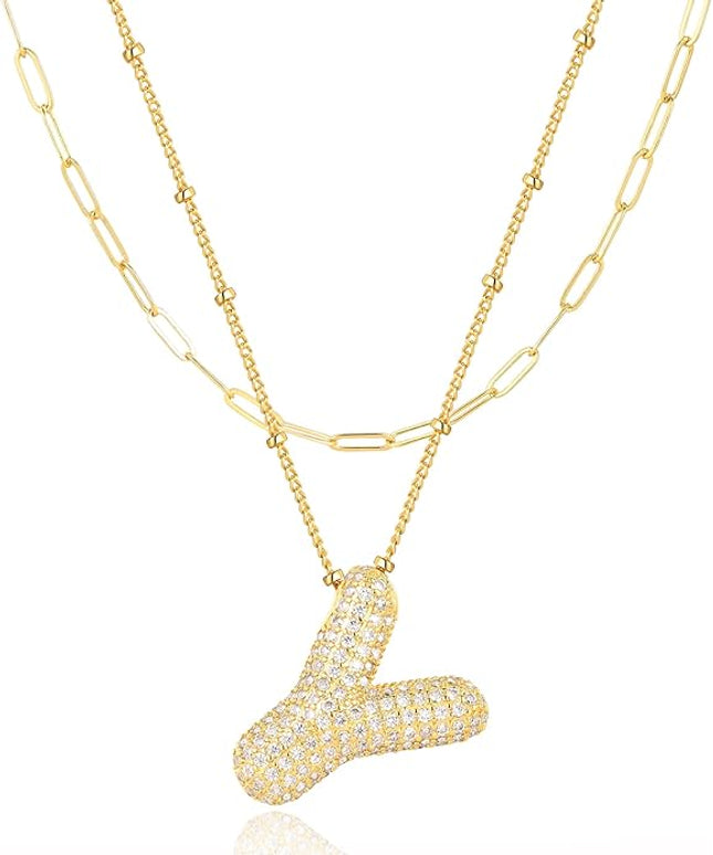 LUCA SMITH Initial Necklaces for Women, Dainty Balloon Bubble Letter, Name Letter Alphabet Pendant Layered Choker Chain Jewelry Gift