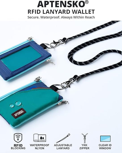 RFID Travel Wallet with Adjustable Lanyard-Zipper Small Wallet with ID Card Holder, Keychain for women&men-Minimalist Slim Waterproof Nylon case for ID, Cash, Key (Turquoise+Navy)