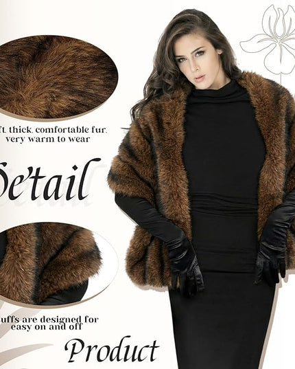 Zhanmai 2 Pcs Winter Long Shawl Cloak Stretchy Glove Opera Bridal Dance Gloves for Women Dress Party Coat