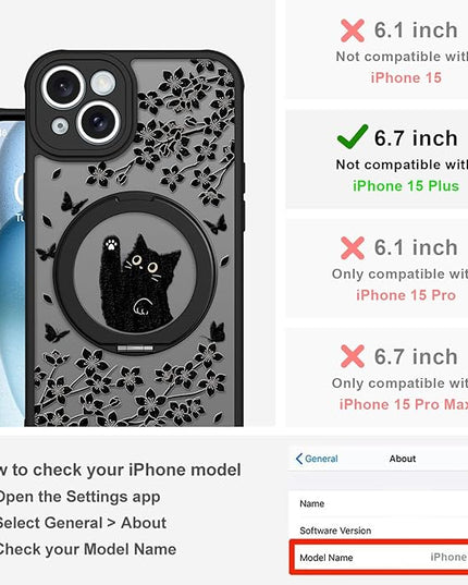 Cute Case for iPhone 15 Plus Case with Stand [ Compatible with MagSafe ] Kawaii Black Cat & Floral & Butterflies Pattern Design 360 Magnetic Ring Kickstand Phone Cover for Women Girls Boys
