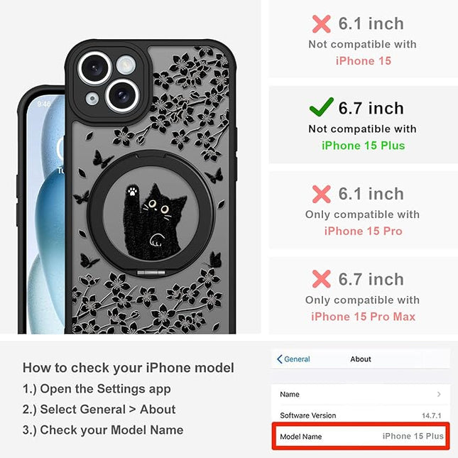 Cute Case for iPhone 15 Plus Case with Stand [ Compatible with MagSafe ] Kawaii Black Cat & Floral & Butterflies Pattern Design 360 Magnetic Ring Kickstand Phone Cover for Women Girls Boys