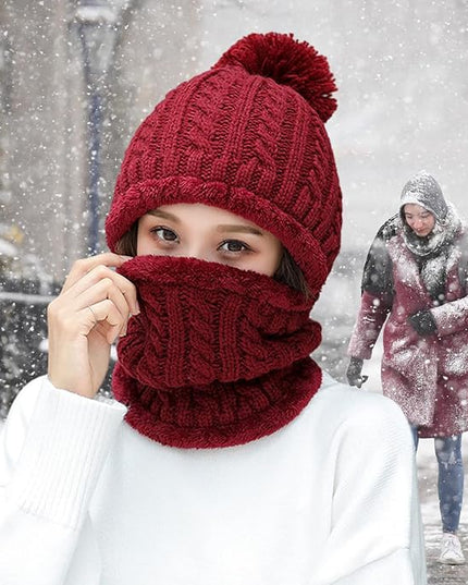 HUAMULAN Women Winter Beanie Hats One Piece Fleece Lined Knit Balaclavas Mask Set Skull Neck Circle Scarf Ski Snow Hat Pompom