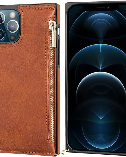 Bocasal Crossbody Wallet Case for iPhone 12 Pro Max with Card Holder,Zipper Card Slot Protector Shockproof Purse Cover with Removable Cross Body Strap 6.7 Inch(Brown)