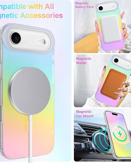 Cute Case for iPhone Air Case for Women Girls [Compatible with Magsafe] Aesthetic Girly Glitter Bling Rainbow Magnetic Protective Phone Cover, Translucent Iridescent Blue & Pink