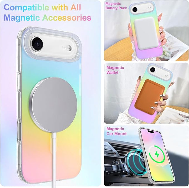 Cute Case for iPhone Air Case for Women Girls [Compatible with Magsafe] Aesthetic Girly Glitter Bling Rainbow Magnetic Protective Phone Cover, Translucent Iridescent Blue & Pink