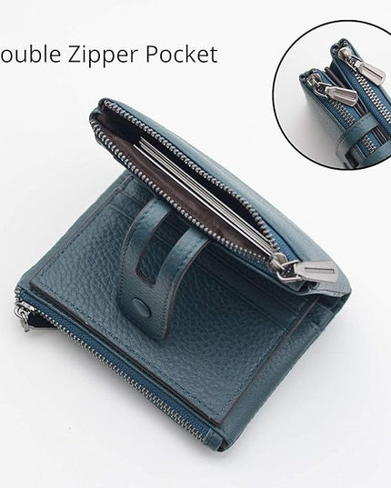Bveyzi Small Soft Leather Wallet for Women RFID Blocking Ladies Card Holder with Double Zipper Pocket