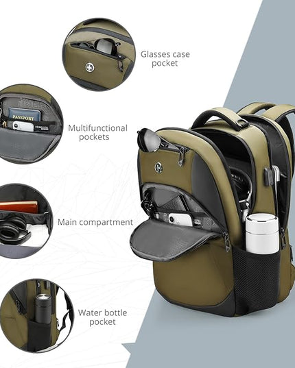 Swissdigital Design Business Laptop Backpack, College Laptops Backpack with USB Charging Port for Men and Women Fits 16 Inch Notebook, Olive | SD1670-26