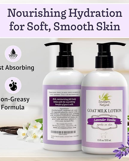 Southern Natural Goat Milk Lotion – Nourishing Face, Body & Hand Moisturizer for Dry & Sensitive Skin - Hydrating Cream, Gentle Skincare for Soft & Smooth Feel - Lavender Vanilla Scent - 12oz