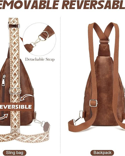 Sling Bag Crossbody Backpack - 2 in 1 Leather Cross Body Bag Fanny Pack with 2 Removable Straps
