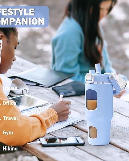 BLUEGO 32oz Glass Tumbler with Lid and Handle, Iced Coffee Cup with Straws, Glass Water Bottle with Silicone Sleeve and Volume, Marker Glass Cup with Time Marking, BPA Free, Blue