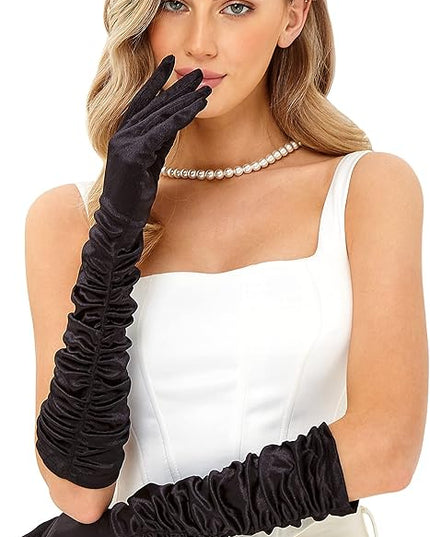 LATTEMARMALATTE Long Satin Shirred Opera Gloves 1920s Elbow Length Accessory for Women’s Weddings, Halloween & Masquerade