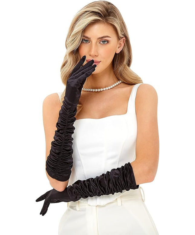 LATTEMARMALATTE Long Satin Shirred Opera Gloves 1920s Elbow Length Accessory for Women’s Weddings, Halloween & Masquerade
