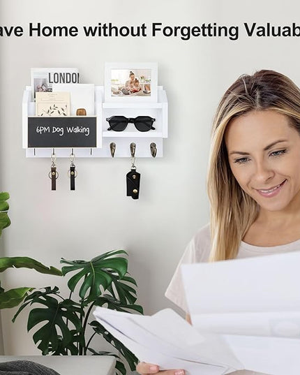 Lwenki Mail and Key Holder – Wall Mount Key Hanger with Shelf and 7 Metal Hooks – Decorative Natural Paulownia Wood Entryway Organizer with Mounting Hardware (16.5”W x 8.7”H x 3.5”D) (White)