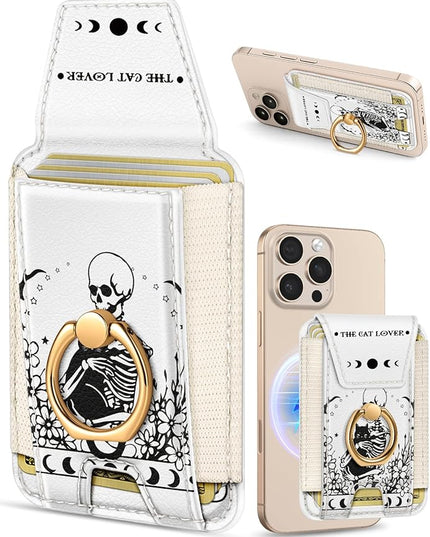 Shorogyt Compatible with Magsafe Wallet with Grip Magnetic Card Holder - Cute Phone Wallets with Ring Stand for iPhone 17/16/15/14/13/12 Series for Women Girls Love Cat Design, Fit 7 Cards