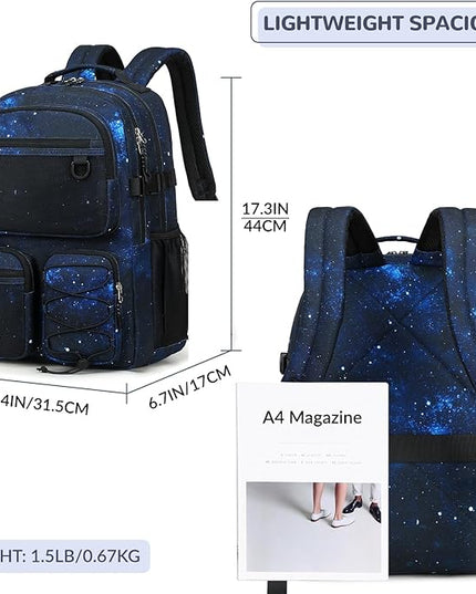 Lohol Multi-Pocket Backpack for Travel College, Heavy Duty Big Bookbag with 15.6 inch Laptop Compartment (Black Blue Galaxy